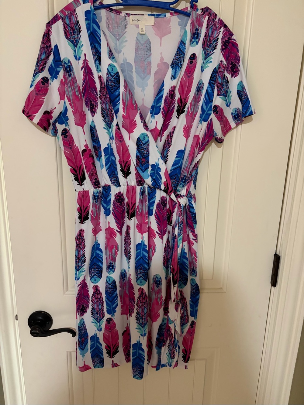 Paper Crane White Wrap Dress with Pink & Blue Feather Print